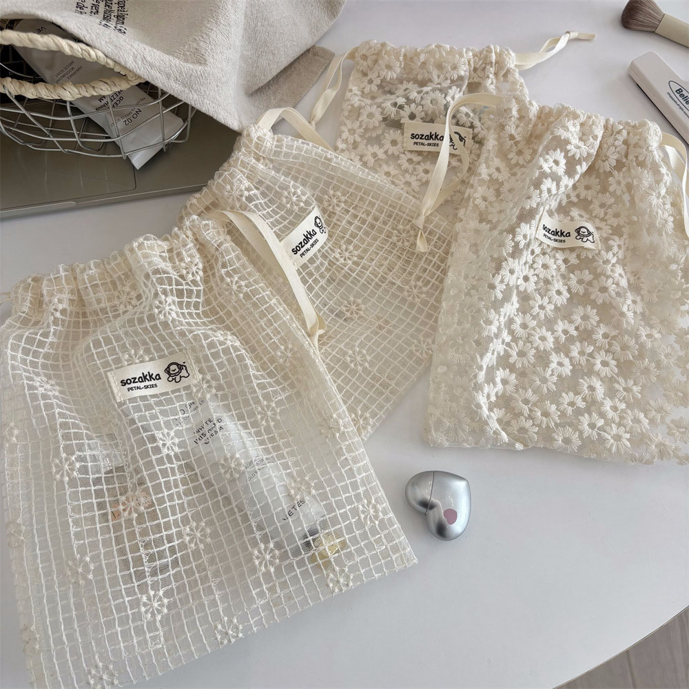 Women Accessories Products - Lace Embroidered Daisy Mesh Drawstring Makeup